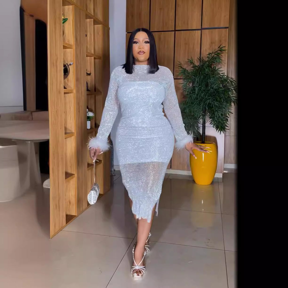 African plus size women's bodycon dress  - cross-border e-commerce, , , and independent store - sequined white dress