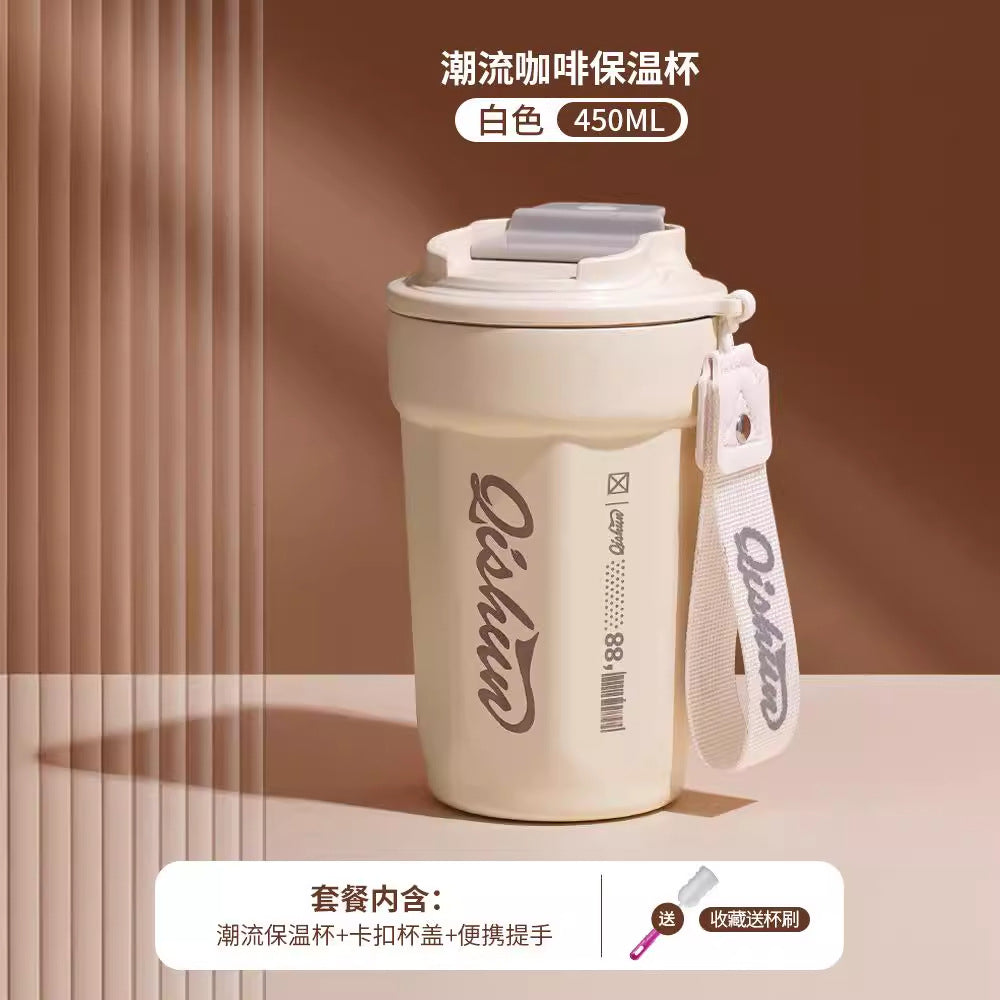 Simple 316 stainless steel octagonal coffee mug - portable cola cup with carry strap, outdoor car vacuum insulated tumbler - customizable