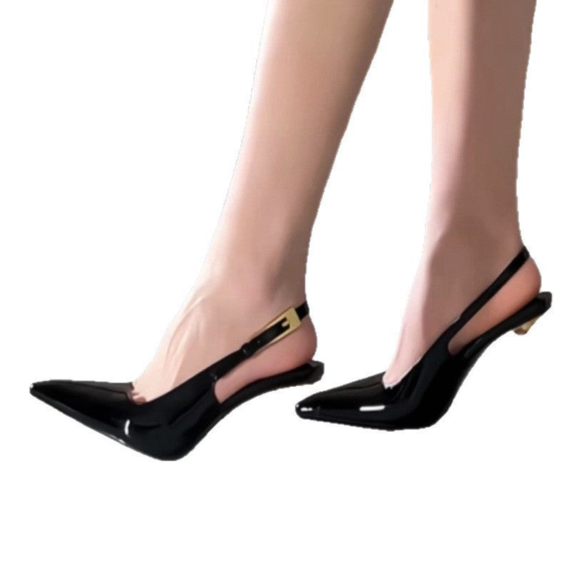 Black pointed-toe stiletto heels, 2025 new style, inspired by nazha's look, elegant patent leather sexy metal toe-cap sandals for women