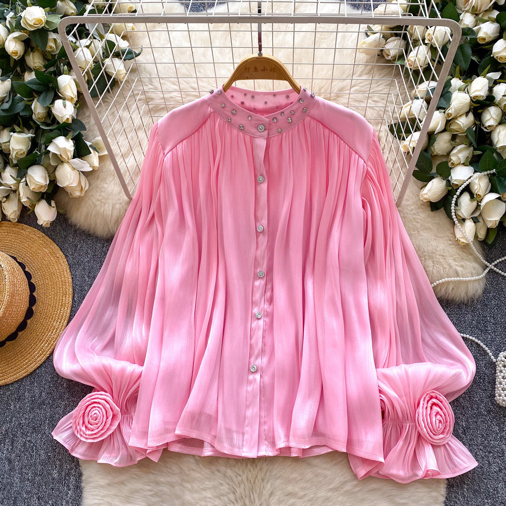 French style gentle flare sleeve diamond embellished pleated blouse - women's korean style breathable loose fit slimming elegant commute top