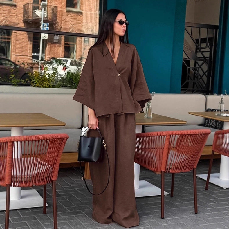 European and American  fashion loose brown cotton and linen suit women's 2025 autumn simple cardigan trousers two-piece women's clothing