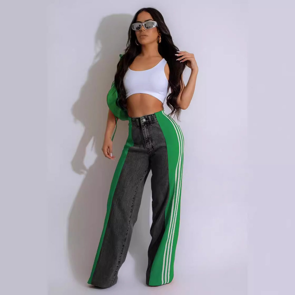 summer fashion patchwork three-stripe wide-leg denim pants - new women's casual high-waisted stretch straight-leg trousers