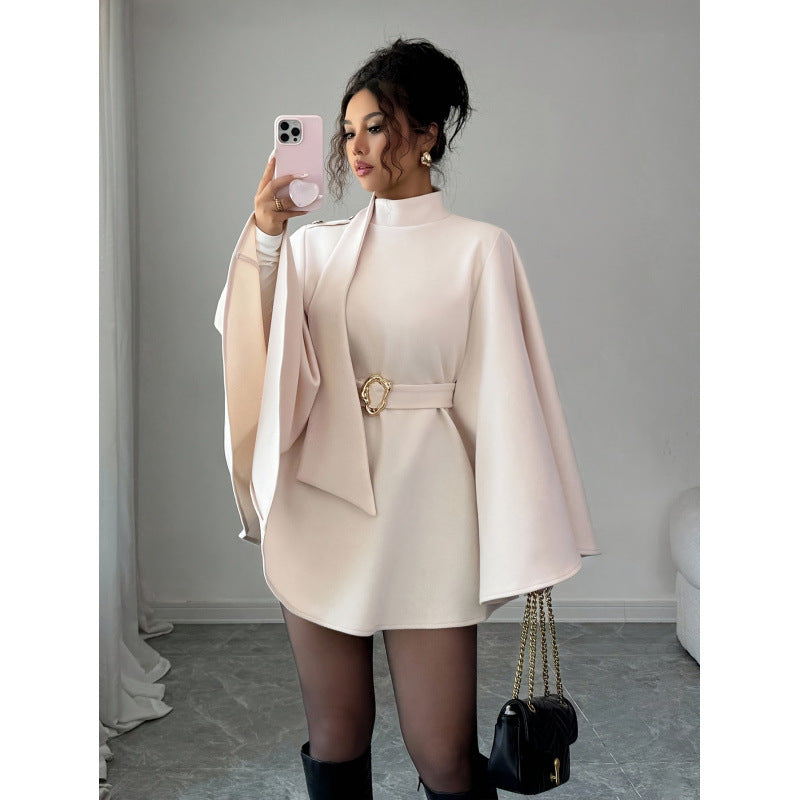 Women's autumn/winter new fashion elegant stand collar cinched waist flared sleeve solid color cape style wool coat outerwear