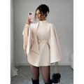 Women's autumn/winter new fashion elegant stand collar cinched waist flared sleeve solid color cape style wool coat outerwear