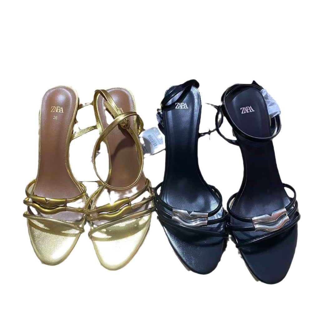 Za women's shoes 2024 summer new arrivals: women's high heels, open back, open toe, gold ankle strap, stiletto heel, back strap sandals