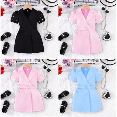 new summer collection: girls' solid color short-sleeve casual dress + belt two-piece set