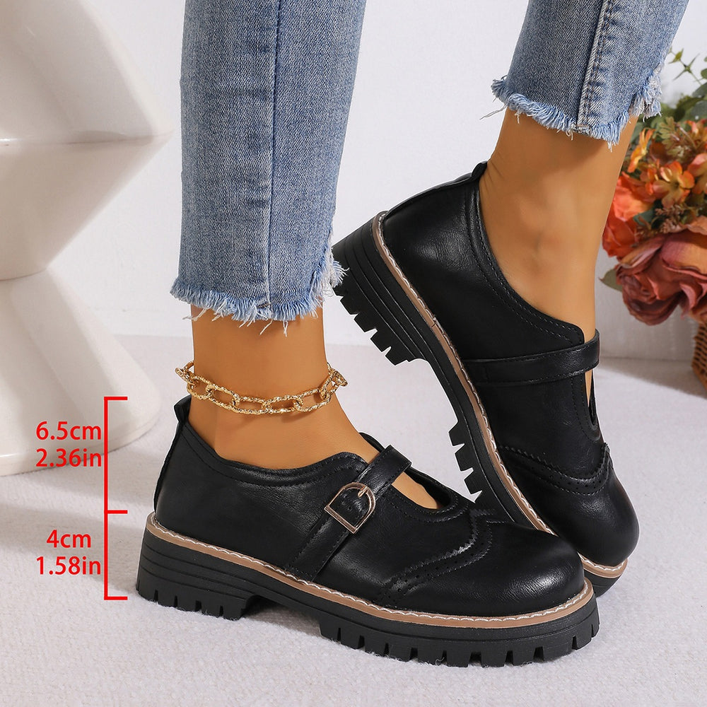 Exportplus size british style thick sole loafers for women  new belt buckle carved cut out small leather shoes wholesale