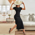 european and american style cross-border sexy backless strappy knitted elegant short-sleeve a-line dress with high slit maxi skirt