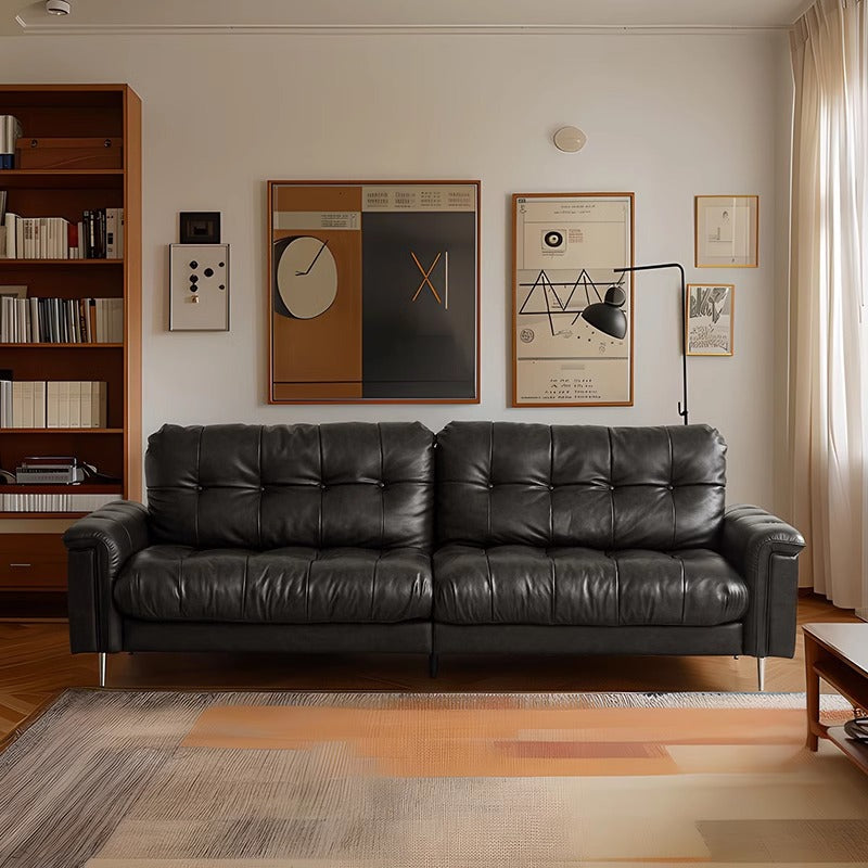 Retro black leather sofa, medieval style living room, small apartment, down designer straight row three-slot nebula sofa