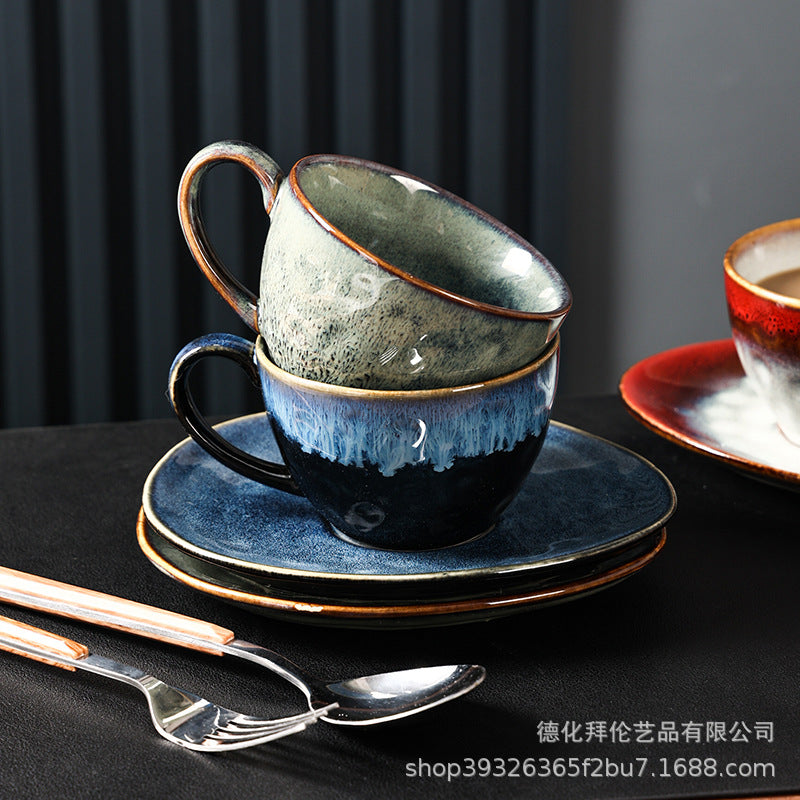 Japanese retro kiln-change ceramic coffee cup and saucer set - large capacity, premium feel mug for milk and beverages