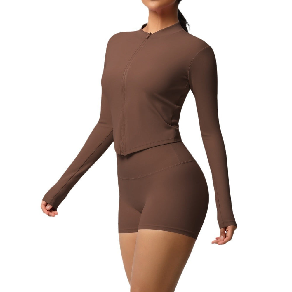 Ready-to-ship cross-border double-sided brushed solid color fitted zip-up jacket yoga set workout running fitness set for women