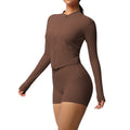 Ready-to-ship cross-border double-sided brushed solid color fitted zip-up jacket yoga set workout running fitness set for women