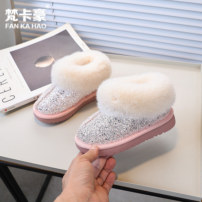 Vancahao girls' fur-lined snow boots -  winter new collection - kids' thickened, plush-lined cotton shoes with sequin ankle boots