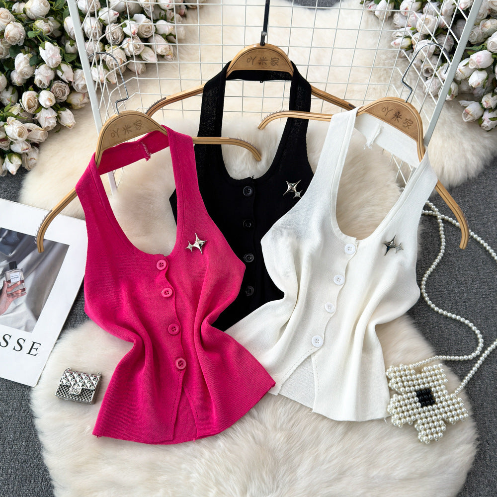 Fashionsense halterbackless single breasted silmslimming lookknitting vest women's outwear western style bottom shirt tops