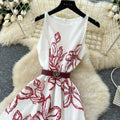 French retro chic women's dress -  spring collection - high-end tie-waist sleeveless printed maxi dress