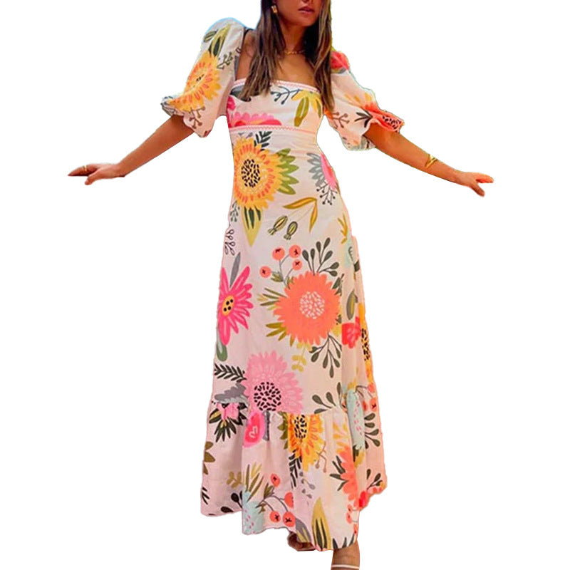 cross-border e-commerce european and american women's clothing: new summer collection - off-the-shoulder printed bubble sleeve maxi dress
