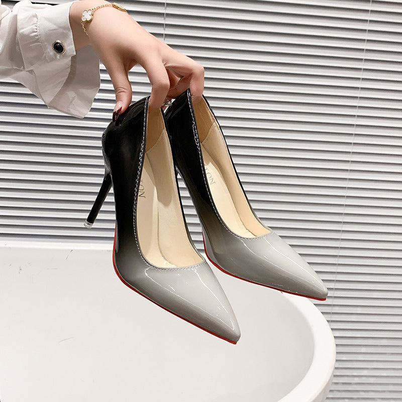 Plus size women's fashion high heels, stiletto heel 6-8cm, color block pointed toe work shoes, patent leather fashion pumps