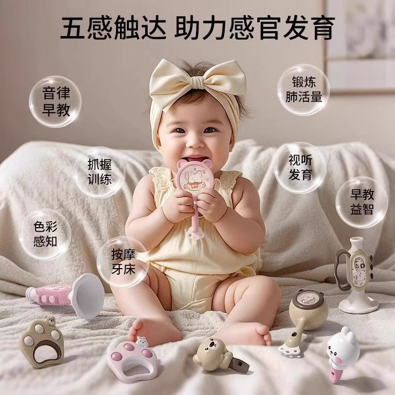 Newborn & infant early education 4-in-1 rattle instrument toy set - develops baby's auditory and visual development with hand drum