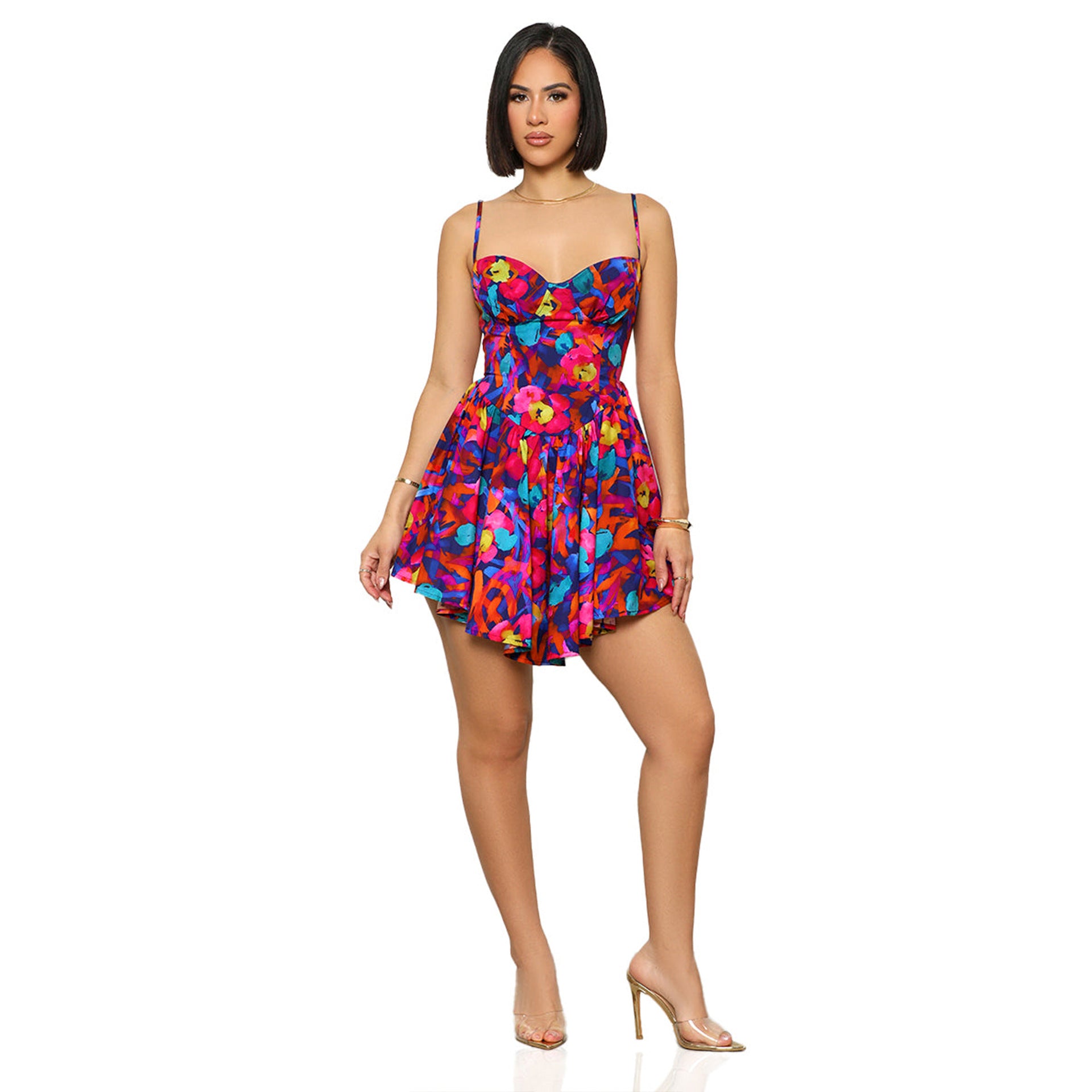 S10817 Europe and America, printed suspender waist dress