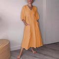Amazon independent station fashion cross-border autum women's cotton and linen deep v neck pleated pure colorcasualflap pocket pantsdress
