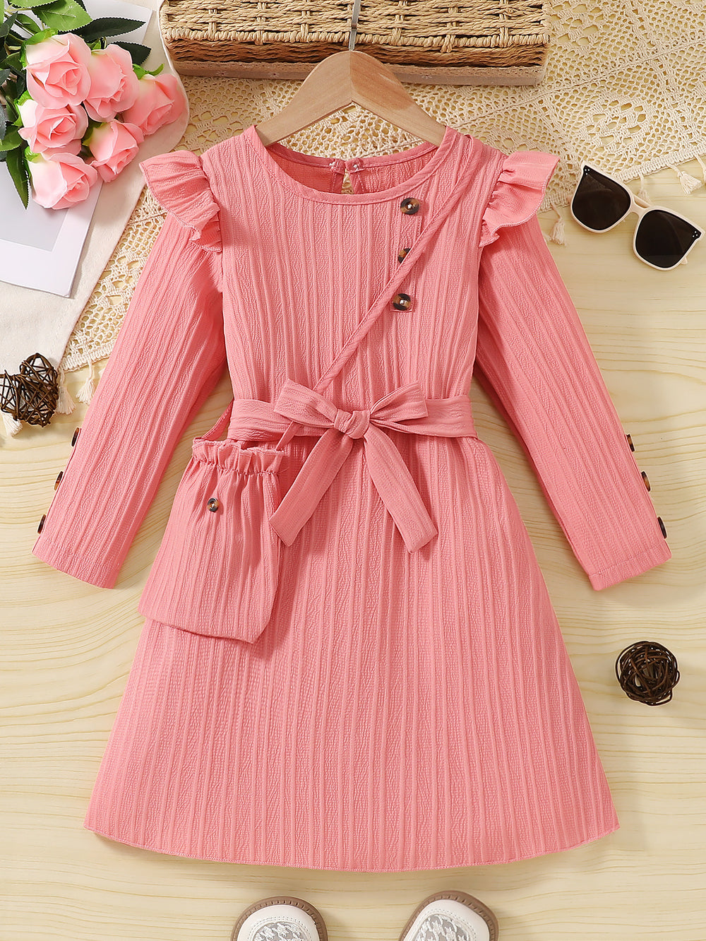 New girls' white long-sleeve dress with lace trim, chanel-inspired waist detail, striped design, and matching crossbody bag - perfect for autumn