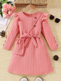 New girls' white long-sleeve dress with lace trim, chanel-inspired waist detail, striped design, and matching crossbody bag - perfect for autumn