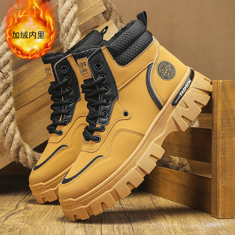 Winter men's boots: men's martin boots, fleece-lined warm high-top trendy versatile work boots, non-slip wear-resistant thick-soled boots