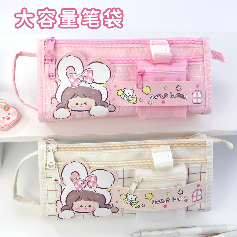 Large capacity multi-functional canvas pencil case ins high value school pencil case Japanese girls primary school students stationery bag