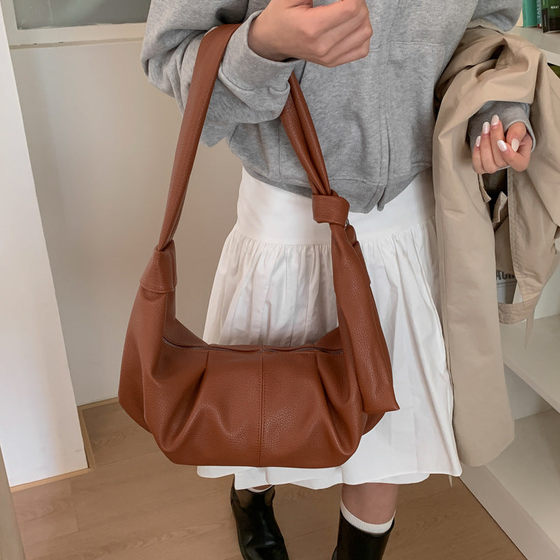 Korean style large capacity retro women's bag soft leather pleated dumpling bag lazy style casual versatile commuter shoulder crossbody bag