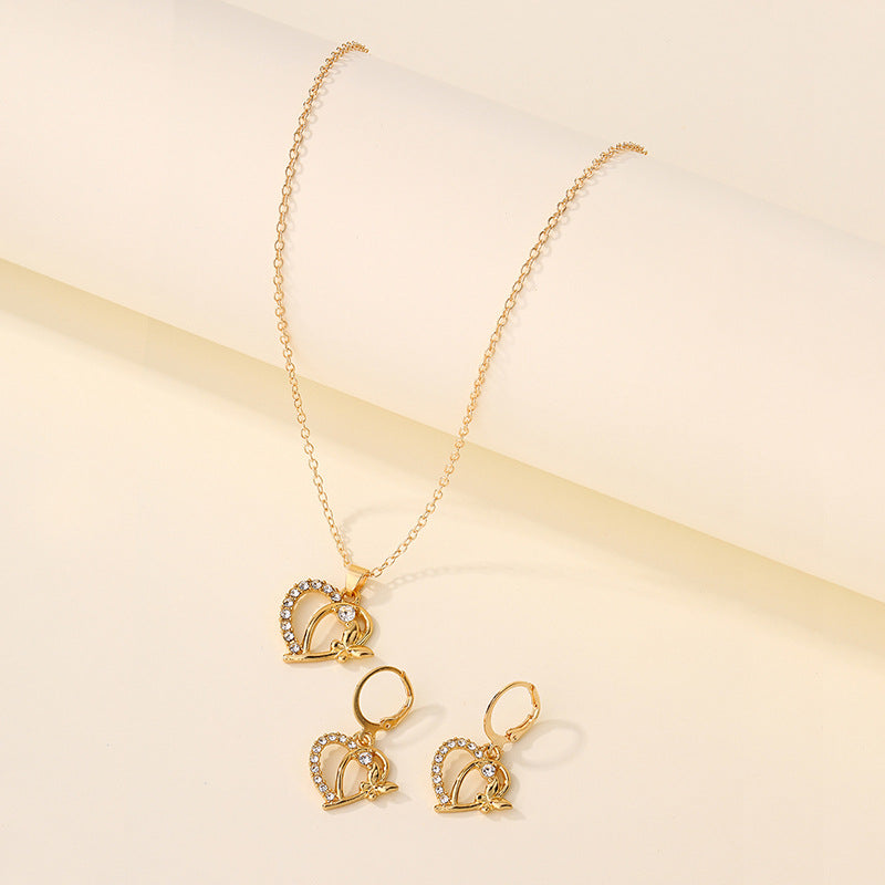 Wholesale heart stud earrings - european & american style cross-border earring jewelry set for women - diamond-accented versatile alloy butterfly sweater necklace - winter collection