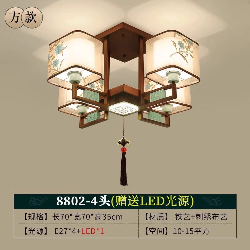 New Chinese style bedroom living room ceiling lamp Chinese style atmosphere Zen dining room box tea room embroidery fabric chandelier
