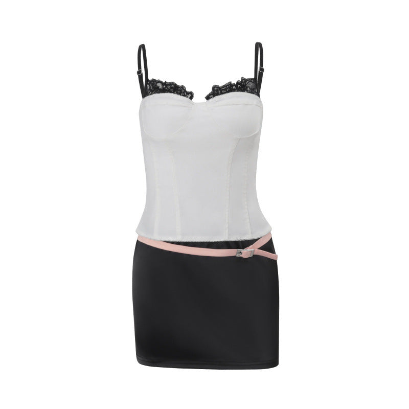 European and american style women's spring  new collection: elegant and alluring lace camisole top with cinched waist and fashionable bodycon skirt set