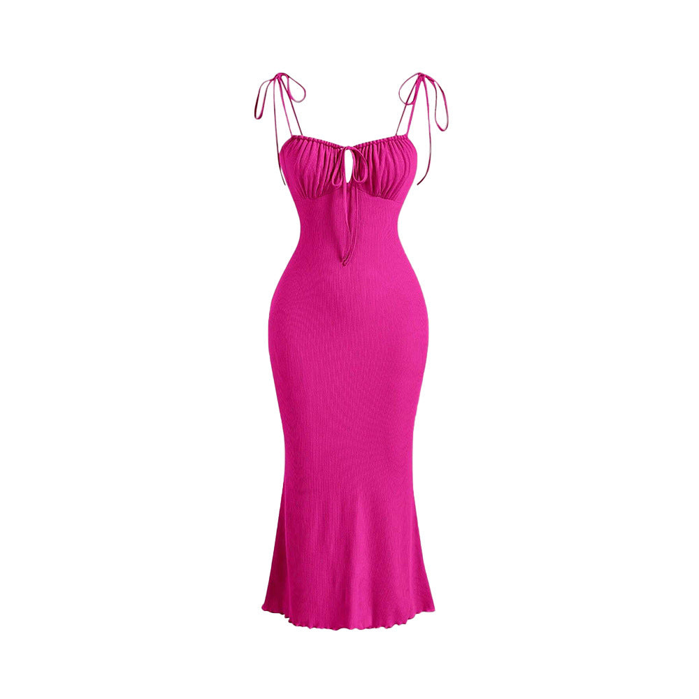 sexy drawstring tie bodycon mermaid maxi dress with spaghetti straps - vacation-ready french style