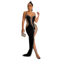 C6039   fashion women's solid color rhinestone hotfix long dress v-neck sleeveless spaghetti strap dress
