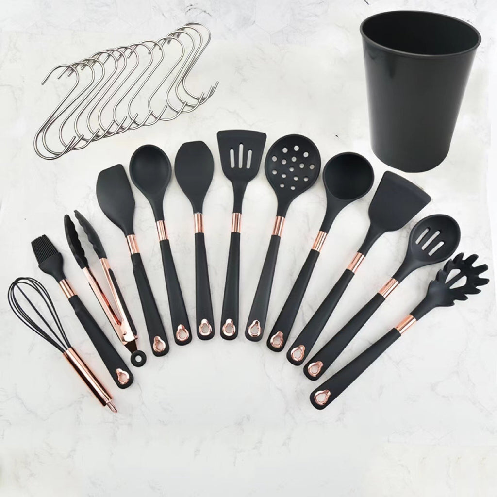 Cross-border silicone cooking spaghetti spoon scraper set Kitchenware rose gold handle large kitchen set high temperature resistance