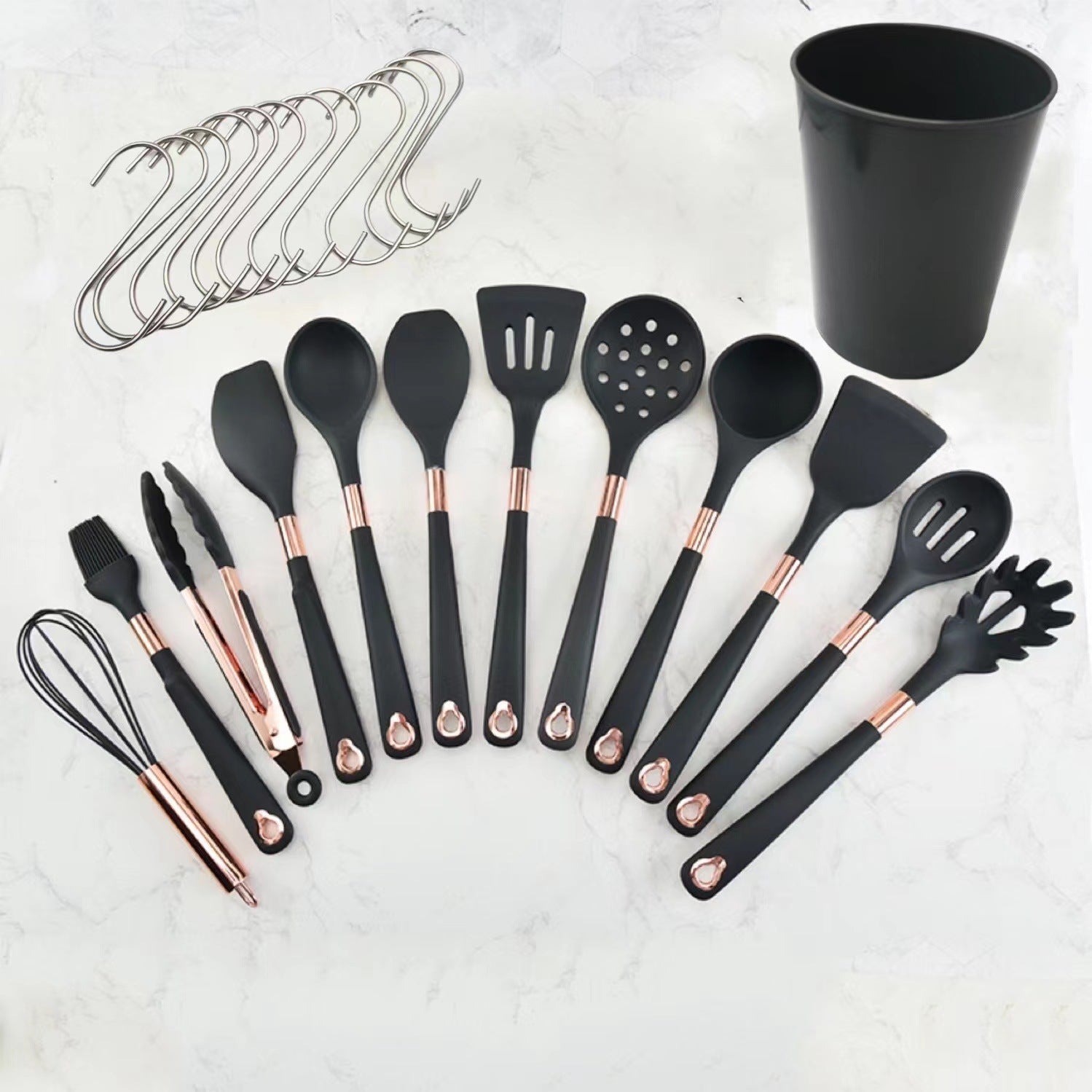 Cross-border silicone cooking spaghetti spoon scraper set Kitchenware rose gold handle large kitchen set high temperature resistance