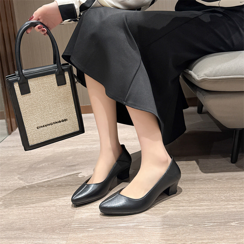 Women's fashion high heels - non-slip, closed-toe, business-ready, waterproof, casual pointed-toe chunky heel shoes (plastic)