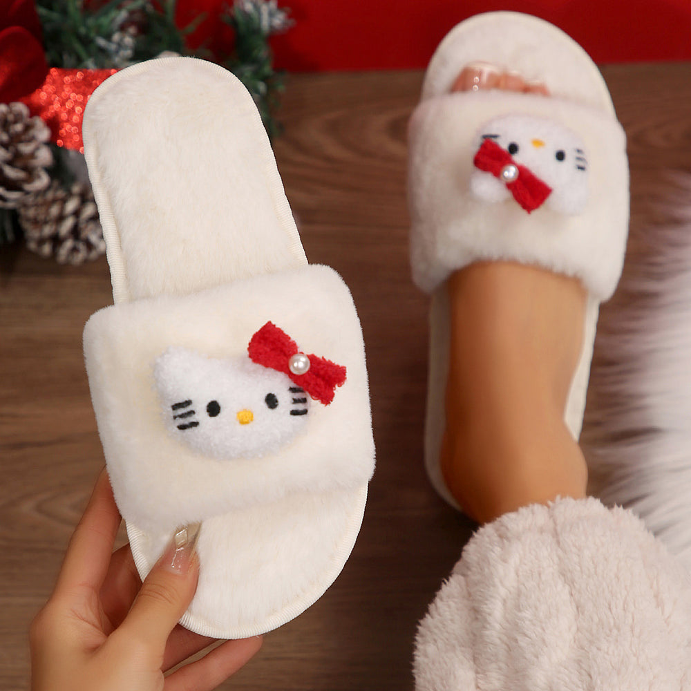 plus size autumn winter floor mops cute cat cartoon stuffed home cotton slippers women's one-word fur slippers