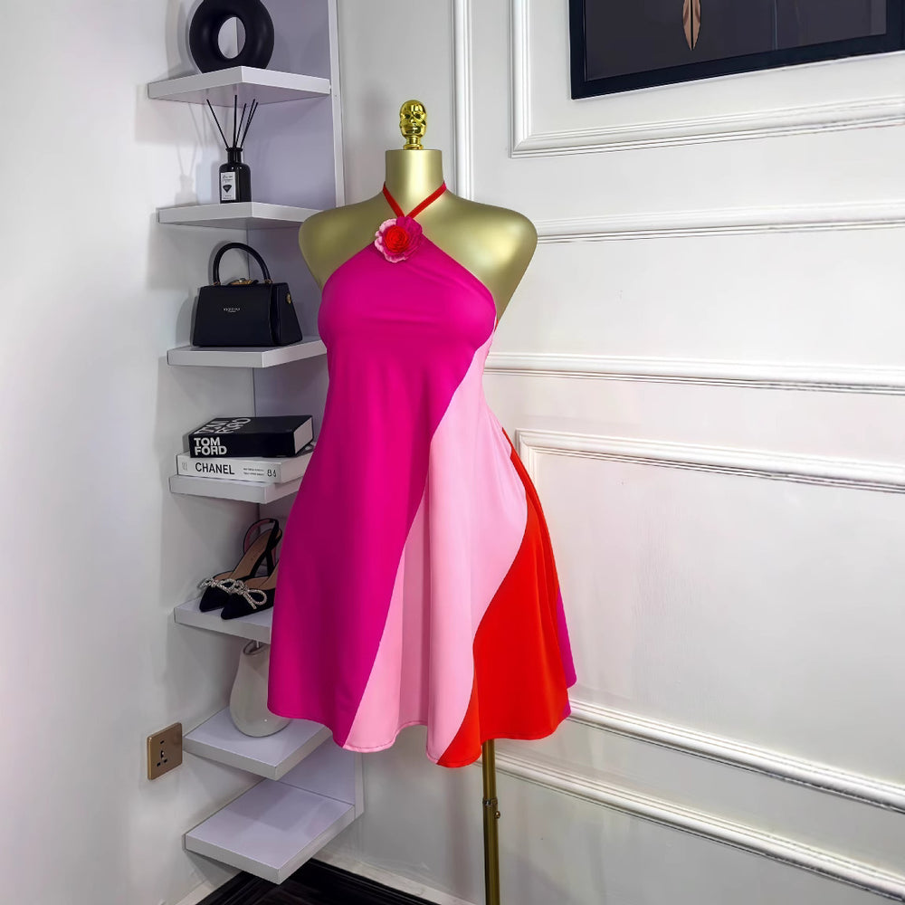 European and american cross-border women's fashion  summer new color block floral sleeveless halter neck backless tie-up mini dress