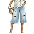 European and american jeans women's washed big holes cropped loose pants drawstring raw edge plus size loosecasualsummer thin style