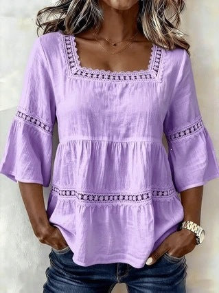 cross-border  summer solid color casual square neck cotton linen lace trimmed three-quarter sleeve top for women