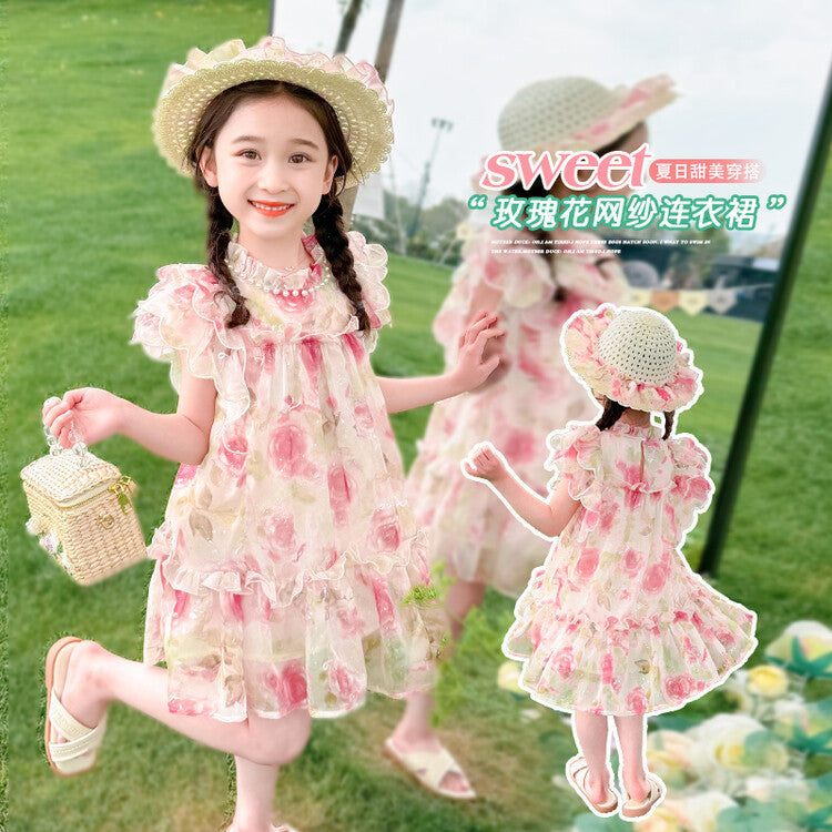 Girls' sweet princess style dress -  summer new arrival - kids' chic floral fairy baby mesh skirt