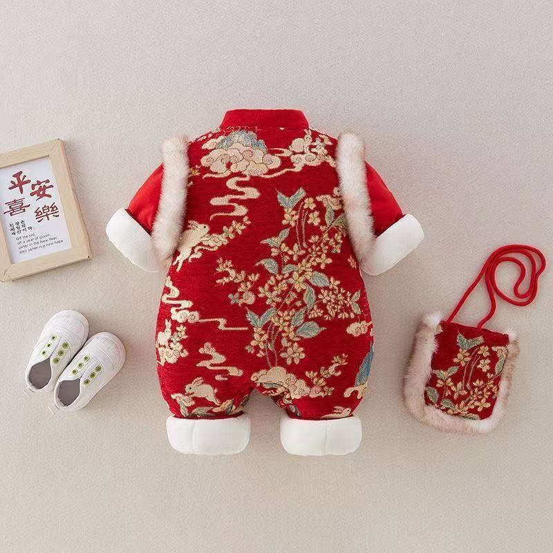 Newborn winter chinese style romper - adorable bunny mandarin collar jumpsuit for baby boys and girls