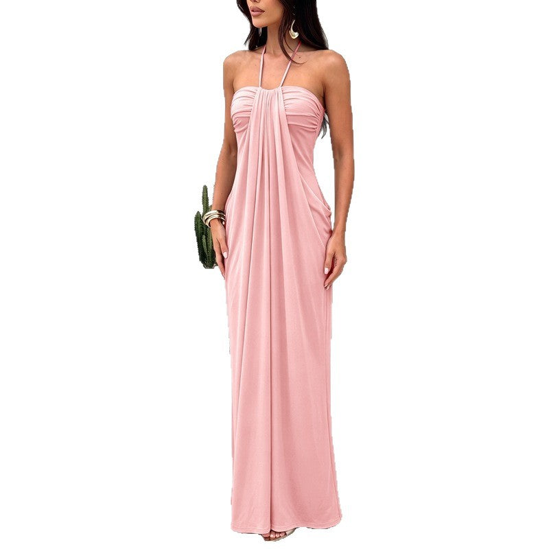 European and american cross-border women's fashion:  summer new arrivals - stylish vacation-inspired solid color halter neck tie-back backless dress wholesale