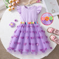 Girls' dress for toddlers and young children, flutter sleeve ribbed knit patchwork mesh dress