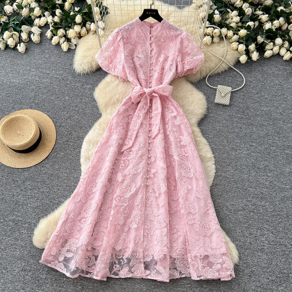 Elegant lace embroidered maxi dress for women - high waist a-line, perfect for summer, work, and evening events