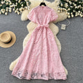 Elegant lace embroidered maxi dress for women - high waist a-line, perfect for summer, work, and evening events