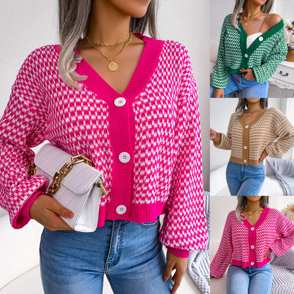 ins wind real shot autumn and winter European and American contrasting colors plaid lantern sleeves cardigan sweater jacket,   women's clothing