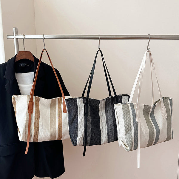 Korean version of large-capacity women's shoulder bag women's 2025 new simple vertical striped casual tote bag fashion handbag