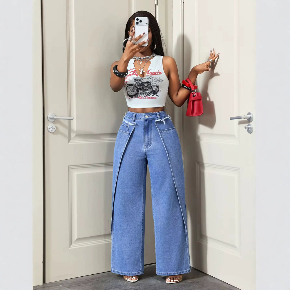 Fashionjeans women's high waist raw edge waist stereo patchwork slit wide leg pants washed loosedrapedpants